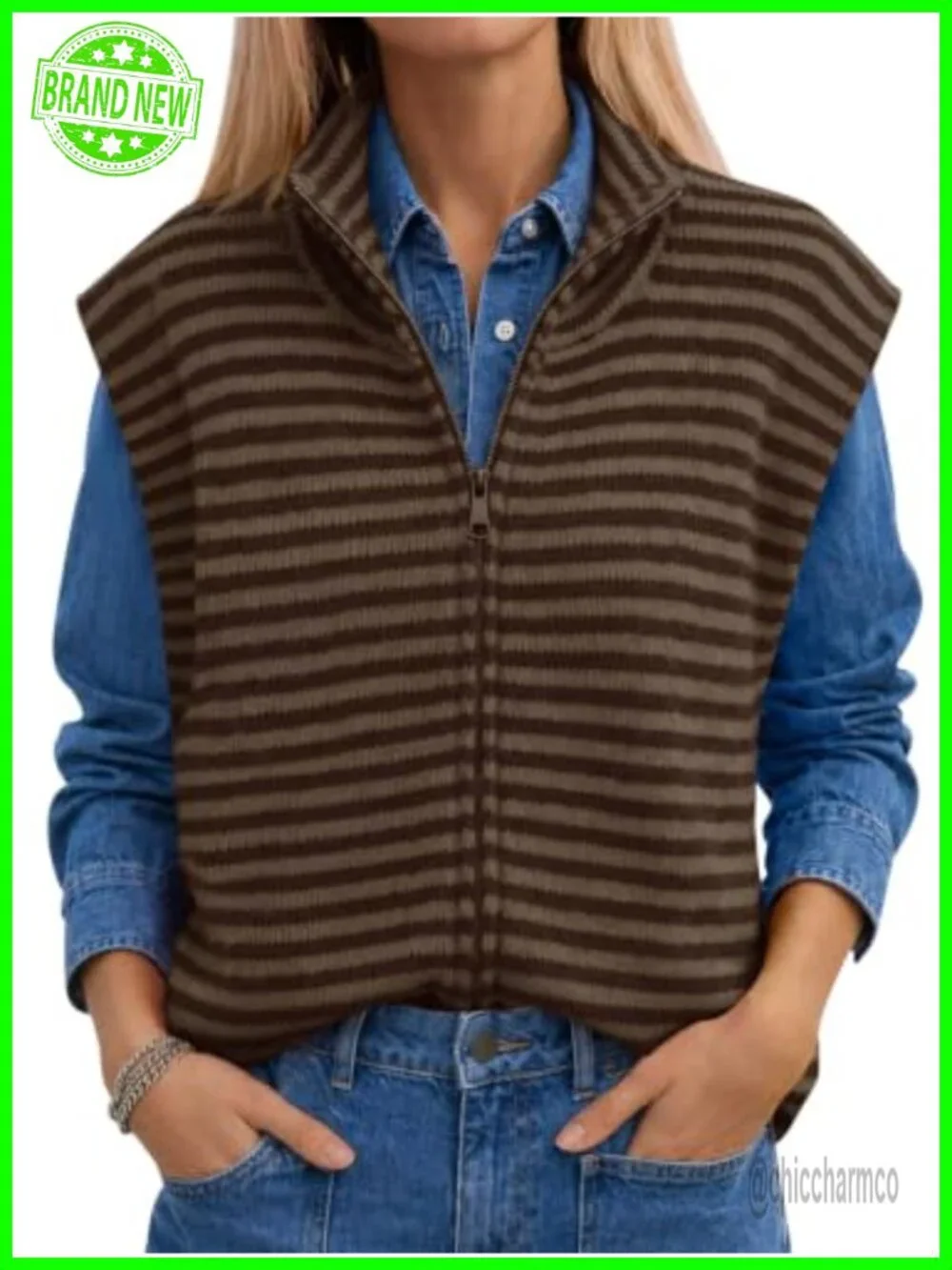 Striped Zip Up Mock Neck Cap Sleeve Knit Cardigan Sweater Vest